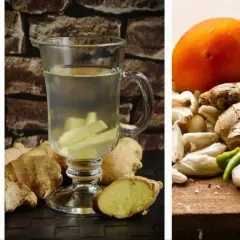 Woda z cytryną i ogórkiem, herbata imbirowa i składniki do jej przygotowania: imbir, czosnek, papryczki chili, pomidor. Poznaj jak uprawiać imbir.
