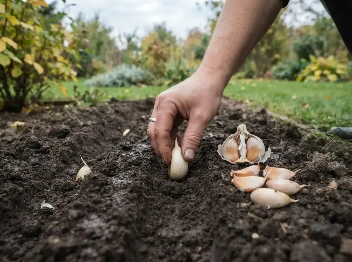 Jesień to idealny czas, kiedy sadzić czosnek. Dłoń umieszcza ząbek w żyznej ziemi, przygotowując się do przyszłych zbiorów.